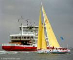 ID 8922 SAVE THE CHILDREN completes the 1997 BT Global Challenge yacht race. She passes close by Red Funnel Ferries' RED EAGLE(1996/3028grt/IMO 9117337), outbound from Southampton for Cowes on the Isle of...